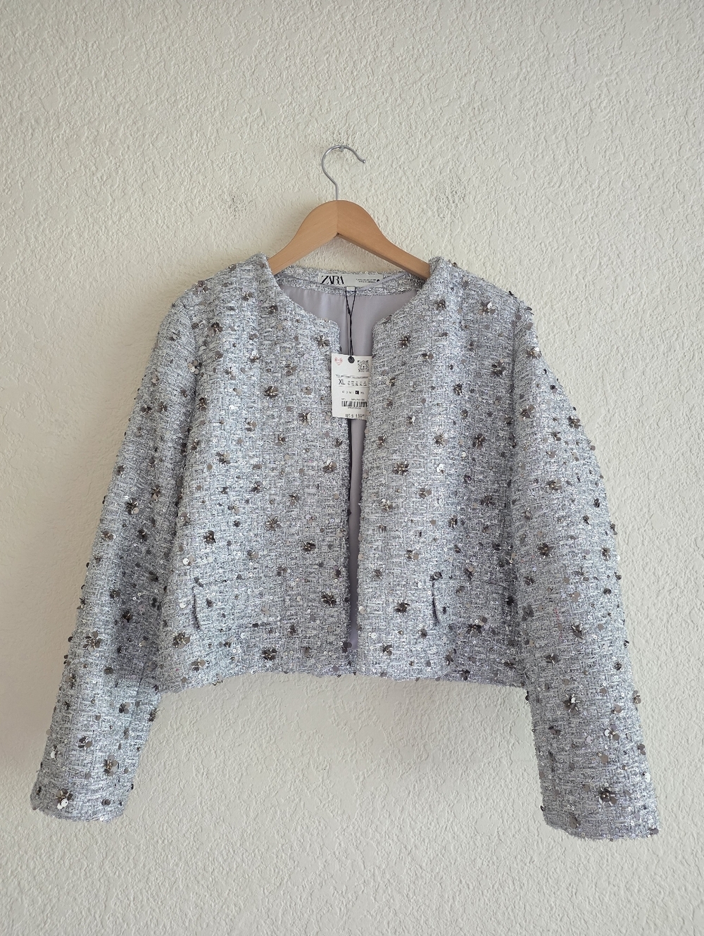Zara tweed textured sequined blazer  silver gray size XL - Picture 13 of 14